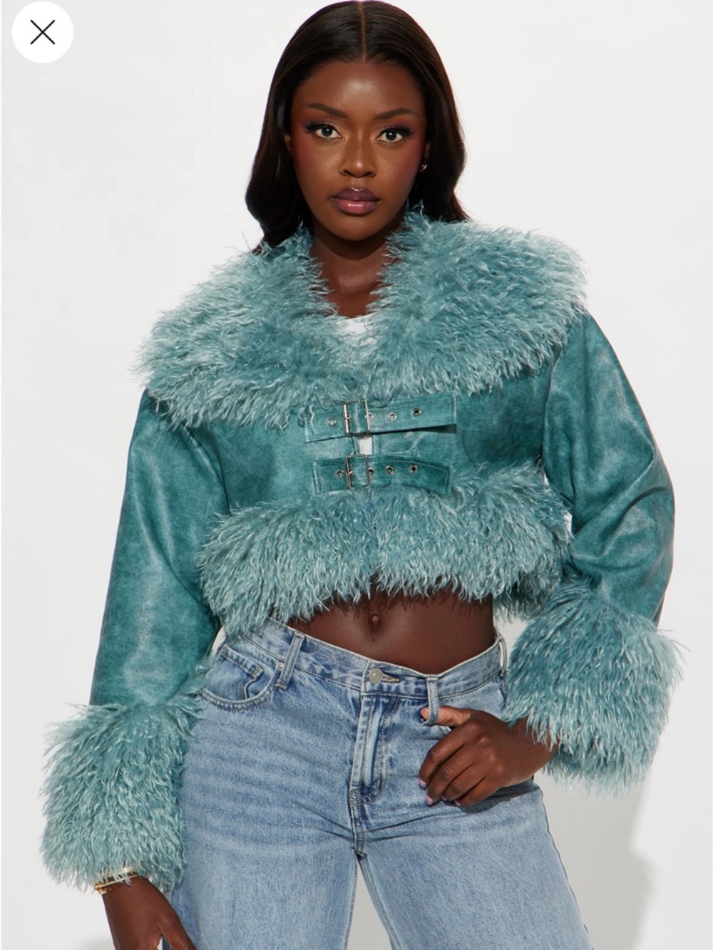 Fashion Nova Teal Faux-Shearling Cropped Jacket